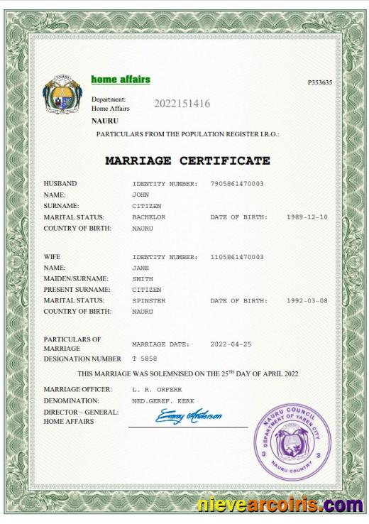 Nauru marriage certificate